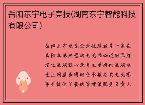 岳阳东宇电子竞技(湖南东宇智能科技有限公司)